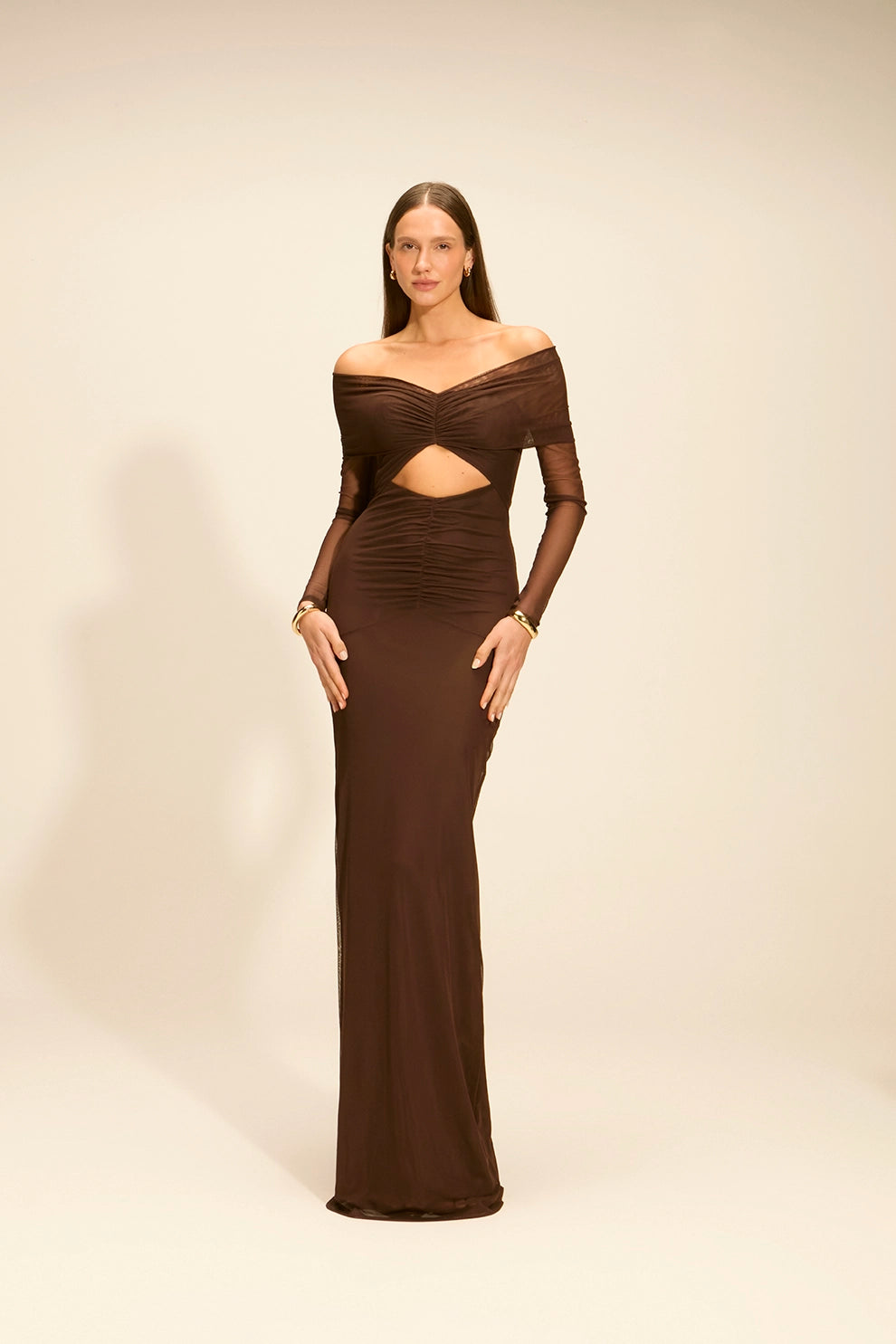 Vestido Aura Longo Ombro a Ombro Coffee
