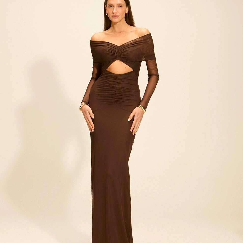 Vestido Aura Longo Ombro a Ombro Coffee