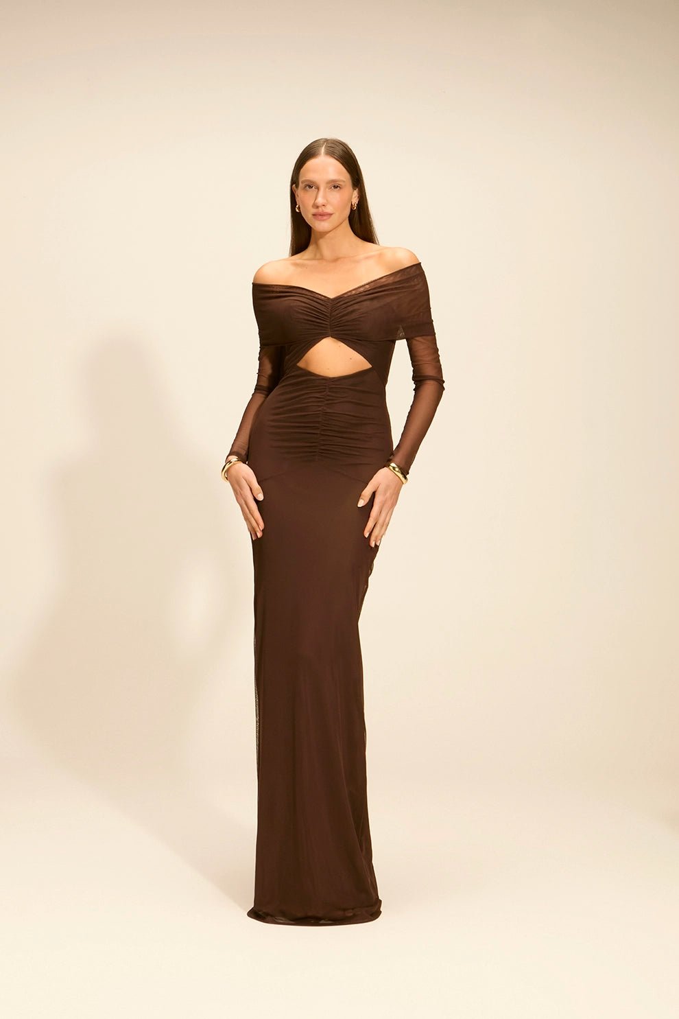 Vestido Aura Longo Ombro a Ombro Coffee