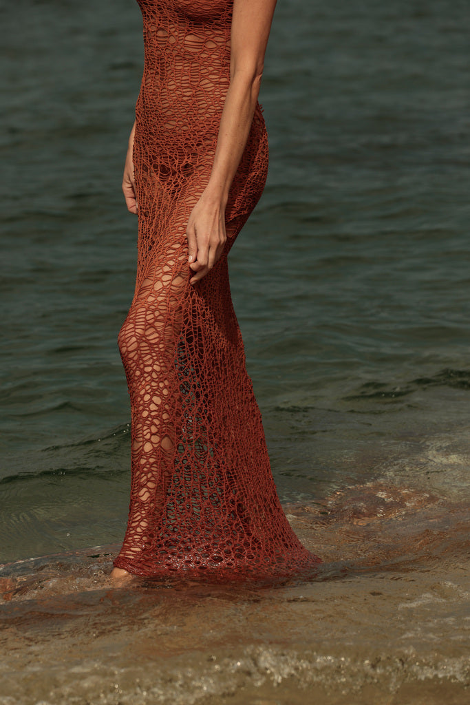 Vestido Trancoso Longo Tela Conhaque